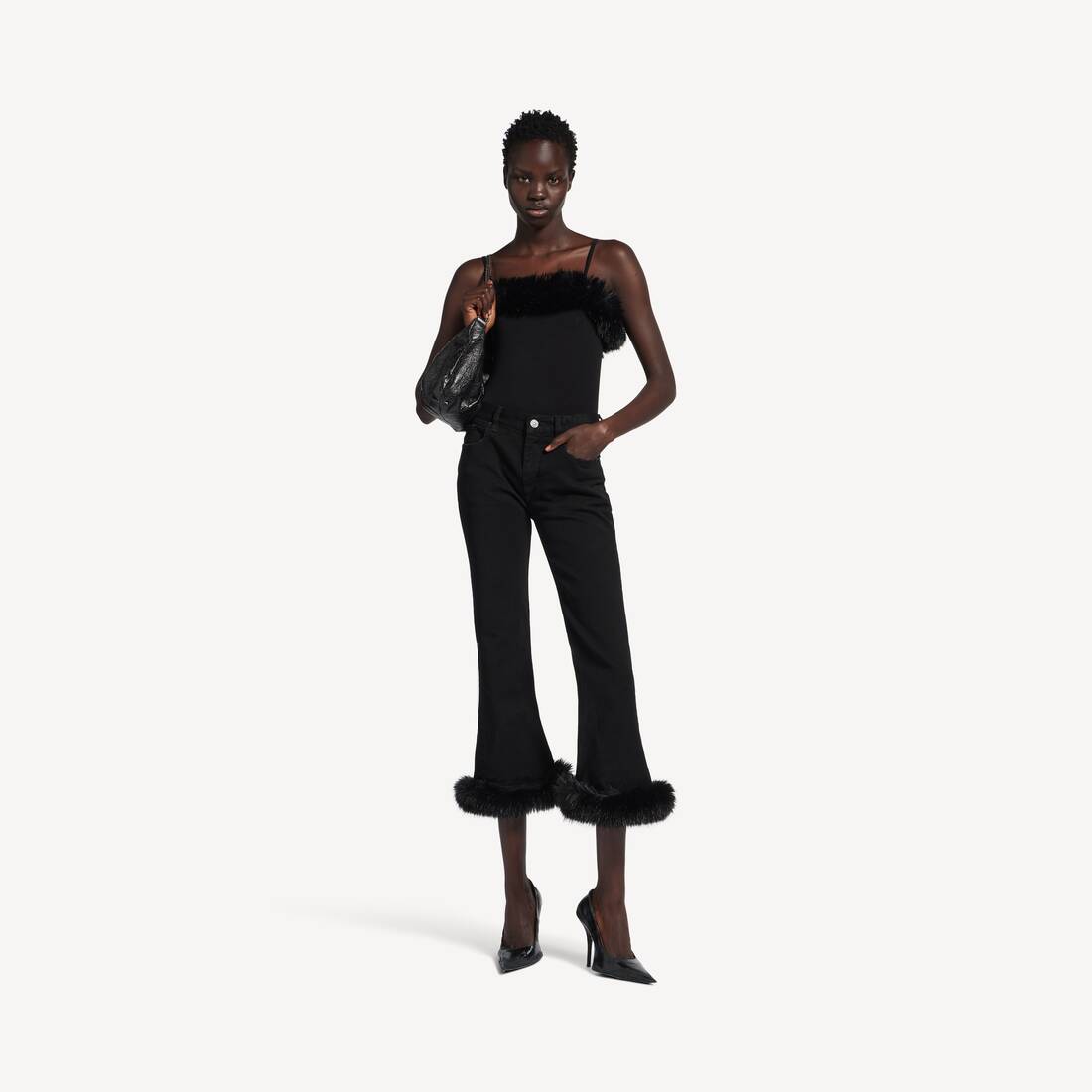 Pantalones Capri Abombachados con Pelo de Mujer en Negro