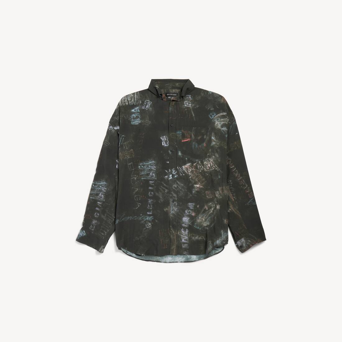 Camisa de manga larga tipo caracol para hombre con estampado de crayón lavado en negro lavado