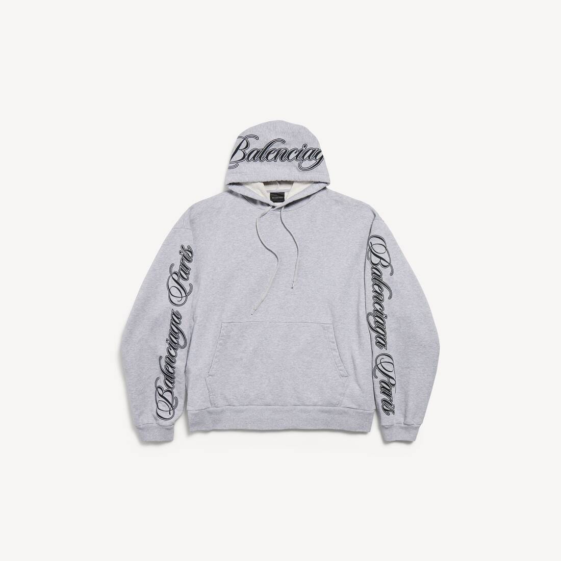 Sudadera grande con capucha de letra cursiva para hombre en gris claro/negro