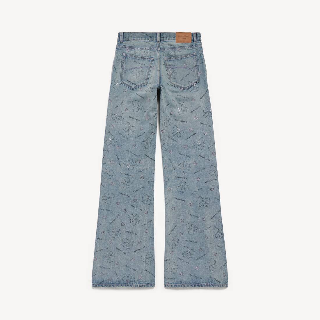 Pantalones de mezclilla con lazos dibujados a mano para mujer en azul helado