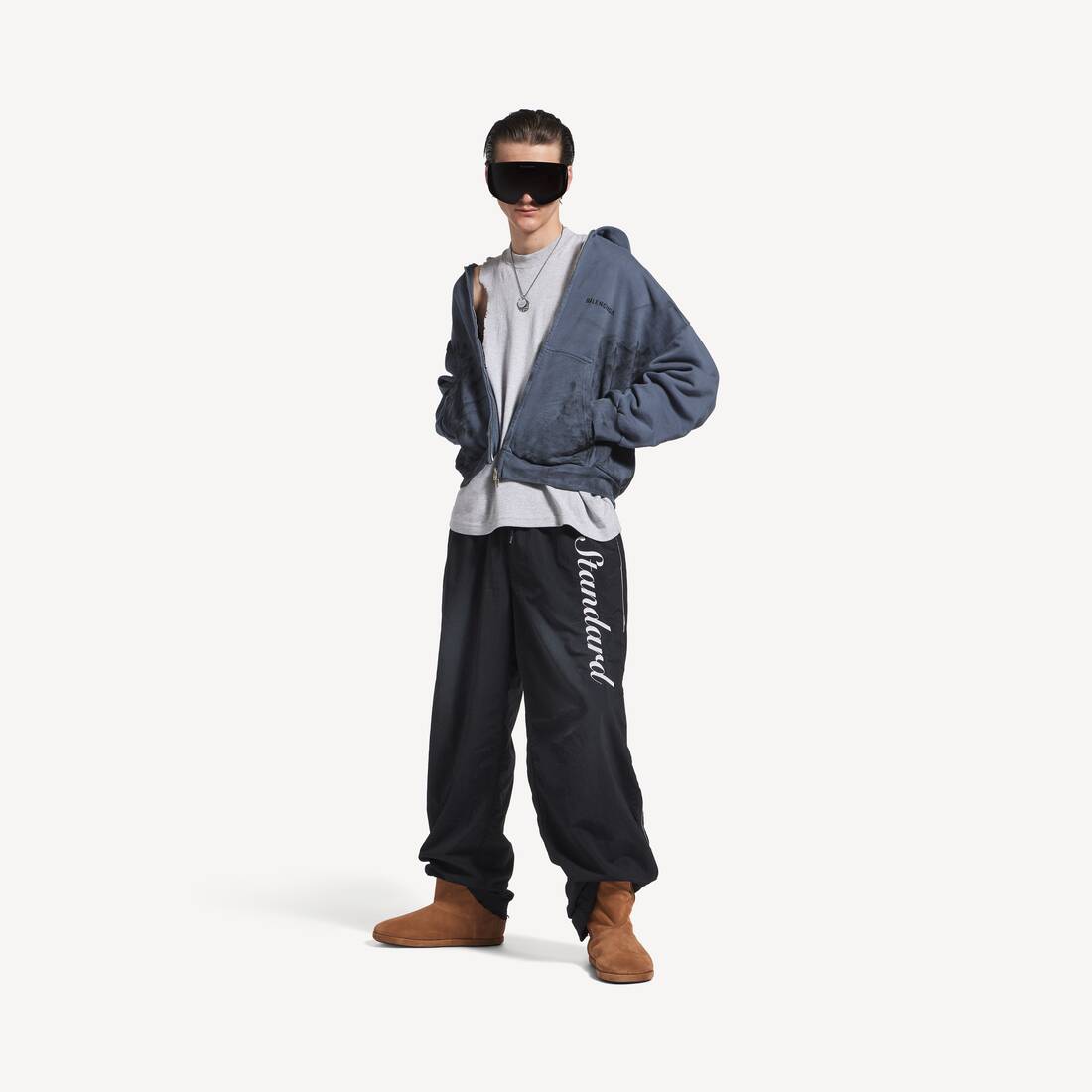 Sudadera con capucha regular de Balenciaga para hombre, con cremallera trasera, en azul oscuro desgastado/negro