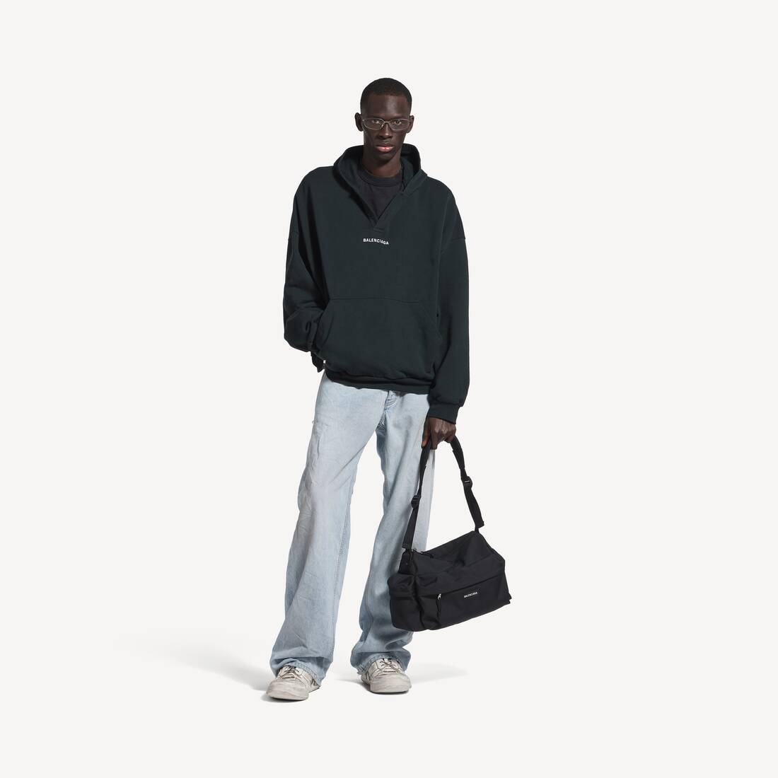 Hoodie de polo trasero de Balenciaga para hombre en negro y blanco desvanecido