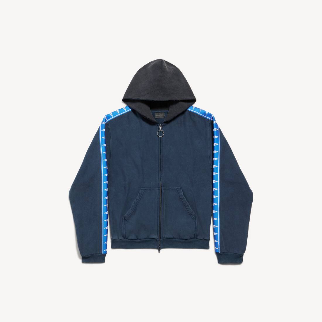 Hoodie con cierre de cremallera y parches de rayas para hombre en azul marino/azul/negro