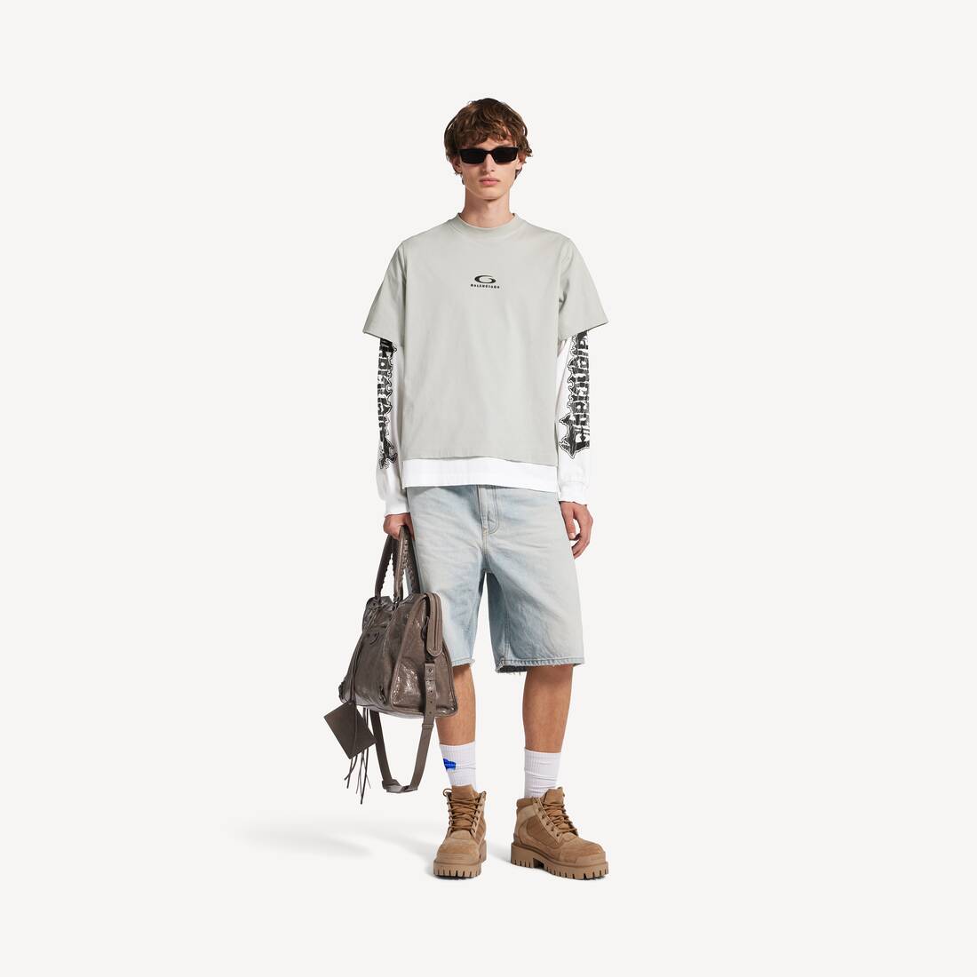 Camiseta doble híbrida para hombre en gris claro/blanco