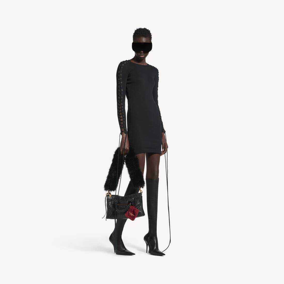Vestido largo de manga larga con cordones para mujer en negro