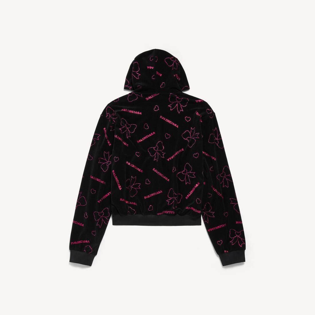 Chaqueta con capucha de cierre con botón y lazos dibujados a mano para mujer, talla pequeña en negro