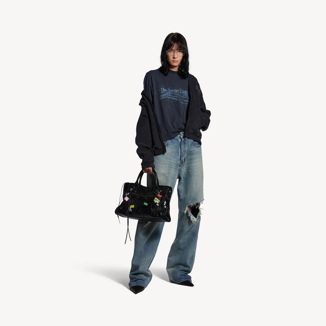 Camiseta para Mujer de Crayón Lavar Política Ajuste Medio en Negro Desvanecido