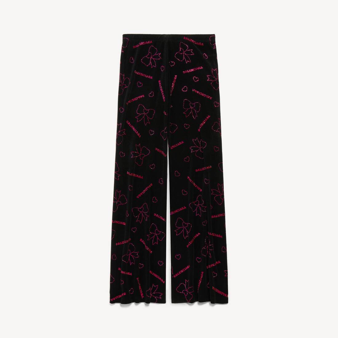 Pantalones elásticos con lazos dibujados a mano para mujer en negro