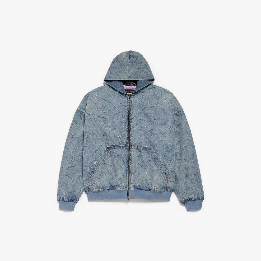 Chaqueta de mezclilla con lazos dibujados a mano para mujer en azul helado
