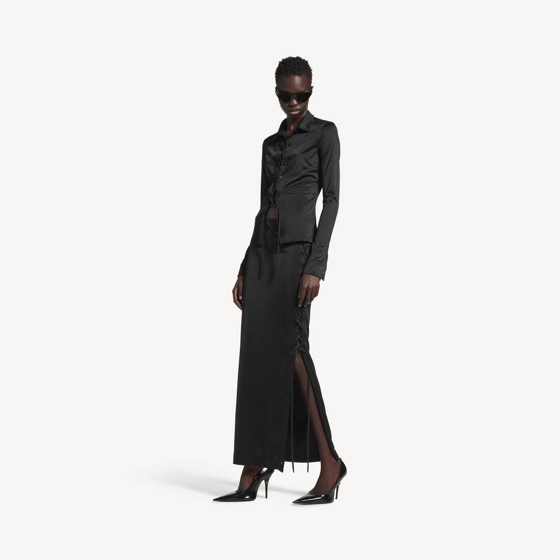 Falda maxi con cordones para mujer en negro