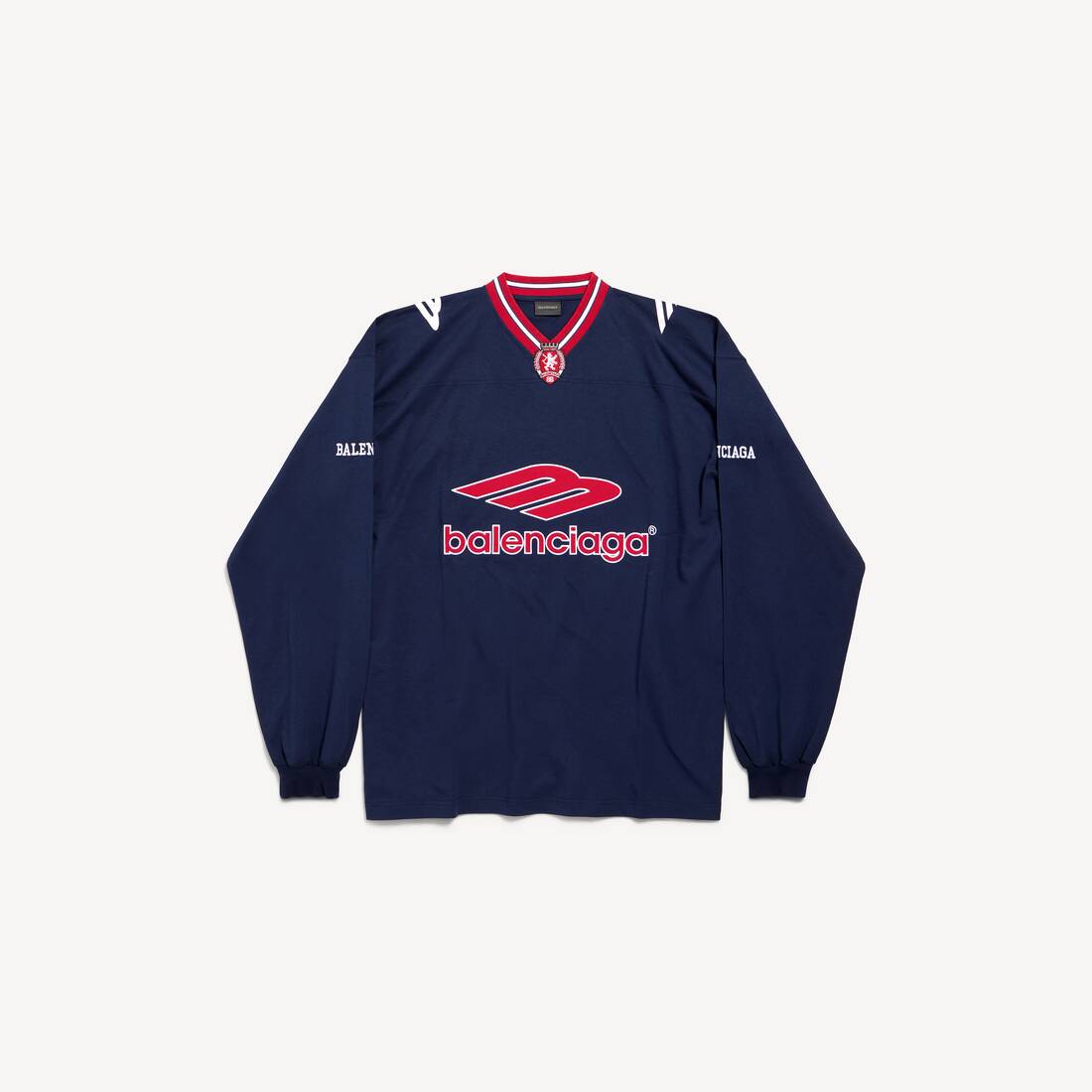 Camiseta de fútbol para hombre de manga larga con cuello en V en azul marino oscuro / rojo