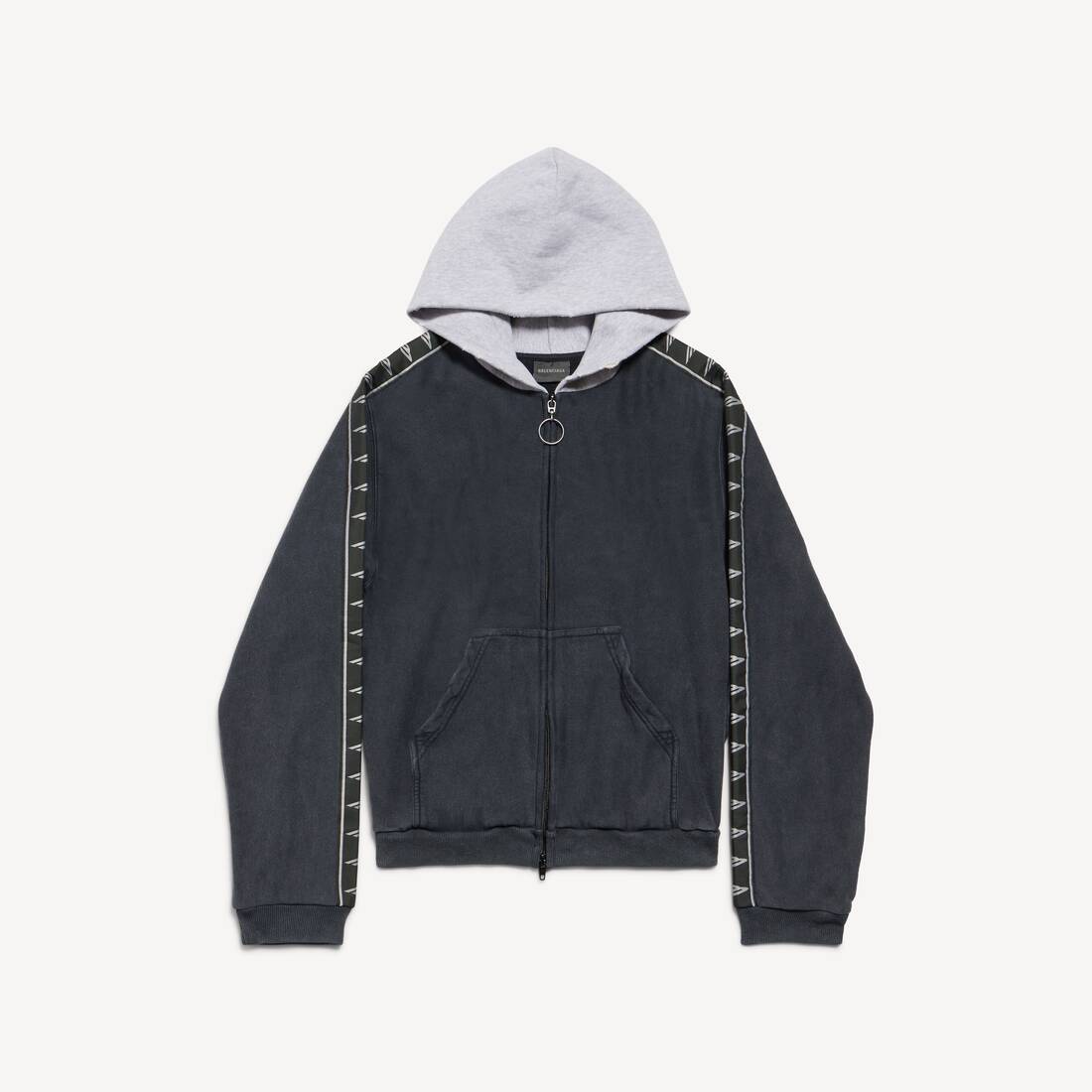 Hoodie para Hombres con Estampado de Rayas y Cremallera en Negro Desgastado/Gris