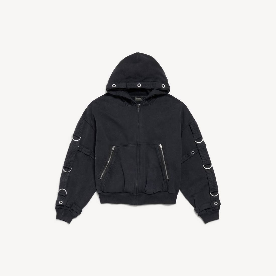 Chaqueta con capucha y bolsillos tipo D-ring para hombre en negro desgastado