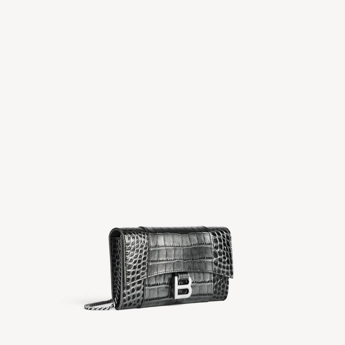 Billetera de forma de reloj de arena para mujer con cadena en metal gris