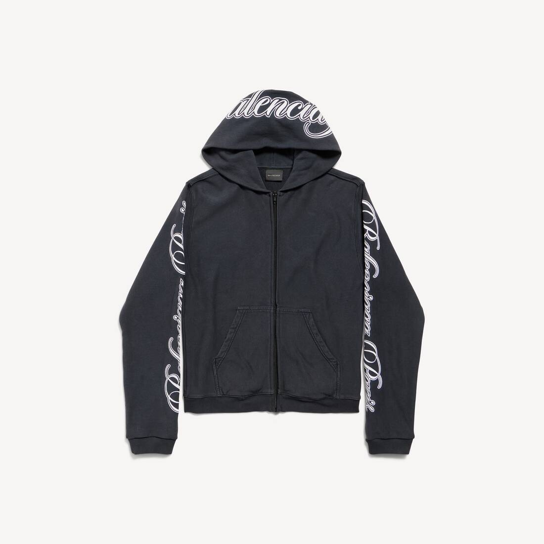 Sudadera con capucha de estilo cursivo para mujer, corte recto, negro/blanco lavado