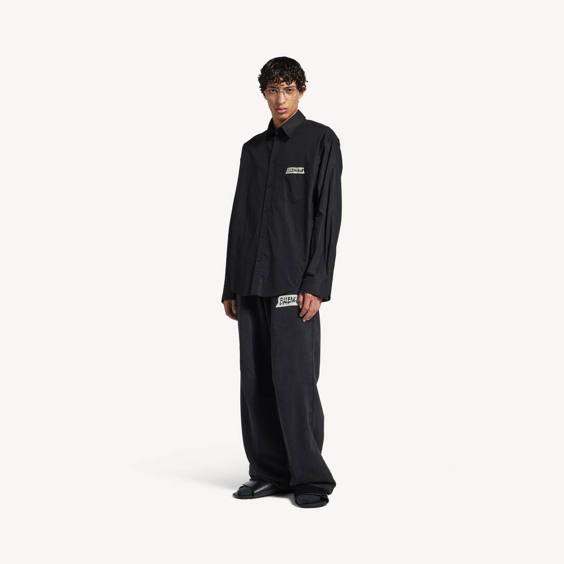Camisa de manga larga para hombre con cinta de enmascarar talla grande en negro
