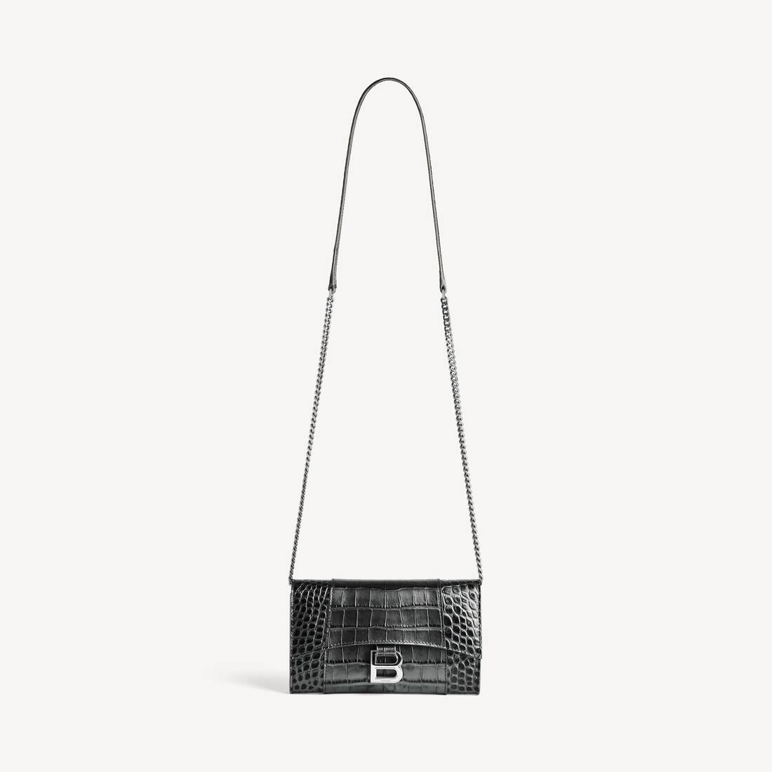 Billetera de forma de reloj de arena para mujer con cadena en metal gris