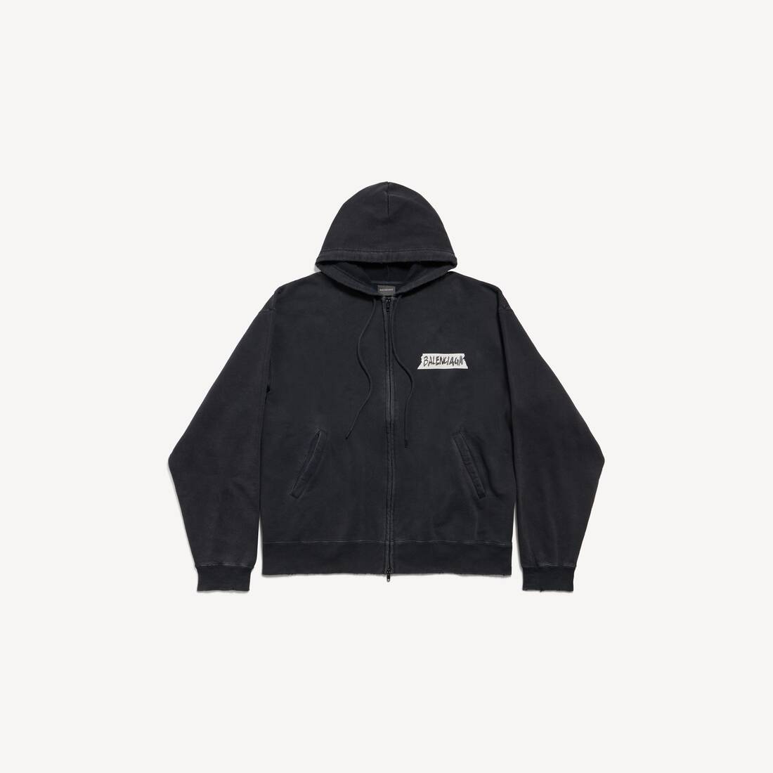 Chaqueta con capucha tipo cinta de enmascarar oversize con cremallera para hombre en negro desgastado
