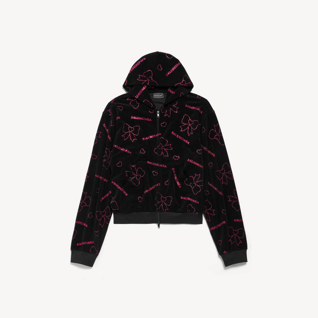 Chaqueta con capucha de cierre con botón y lazos dibujados a mano para mujer, talla pequeña en negro