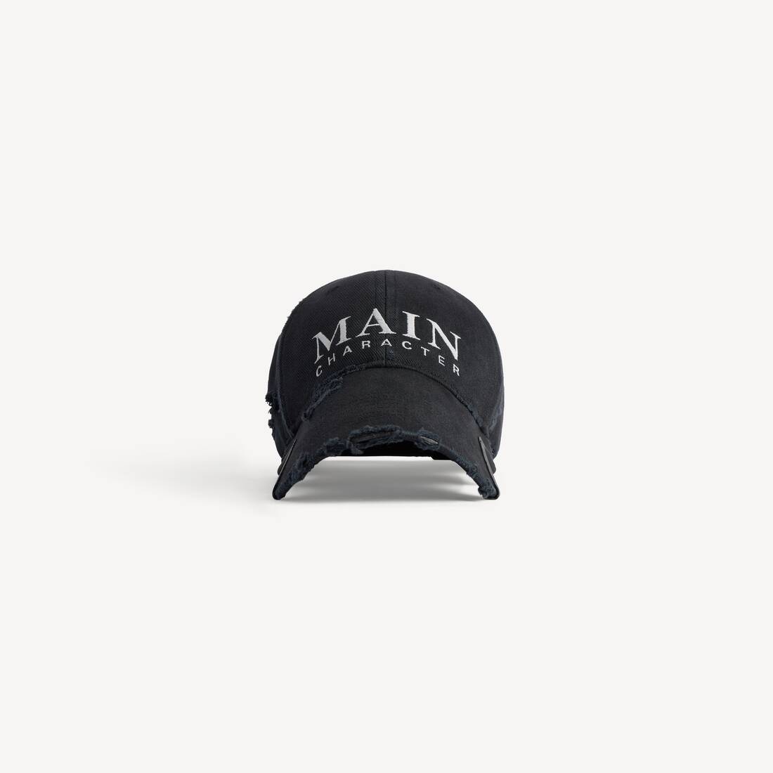 Visera de arte de personaje principal para hombre en negro desgastado