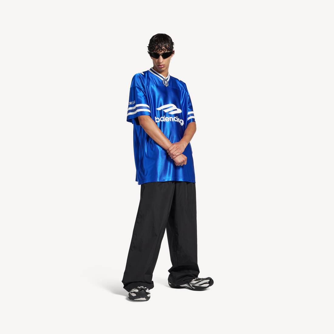 Camiseta de fútbol para hombre con cuello en V, oversize, azul real/blanco