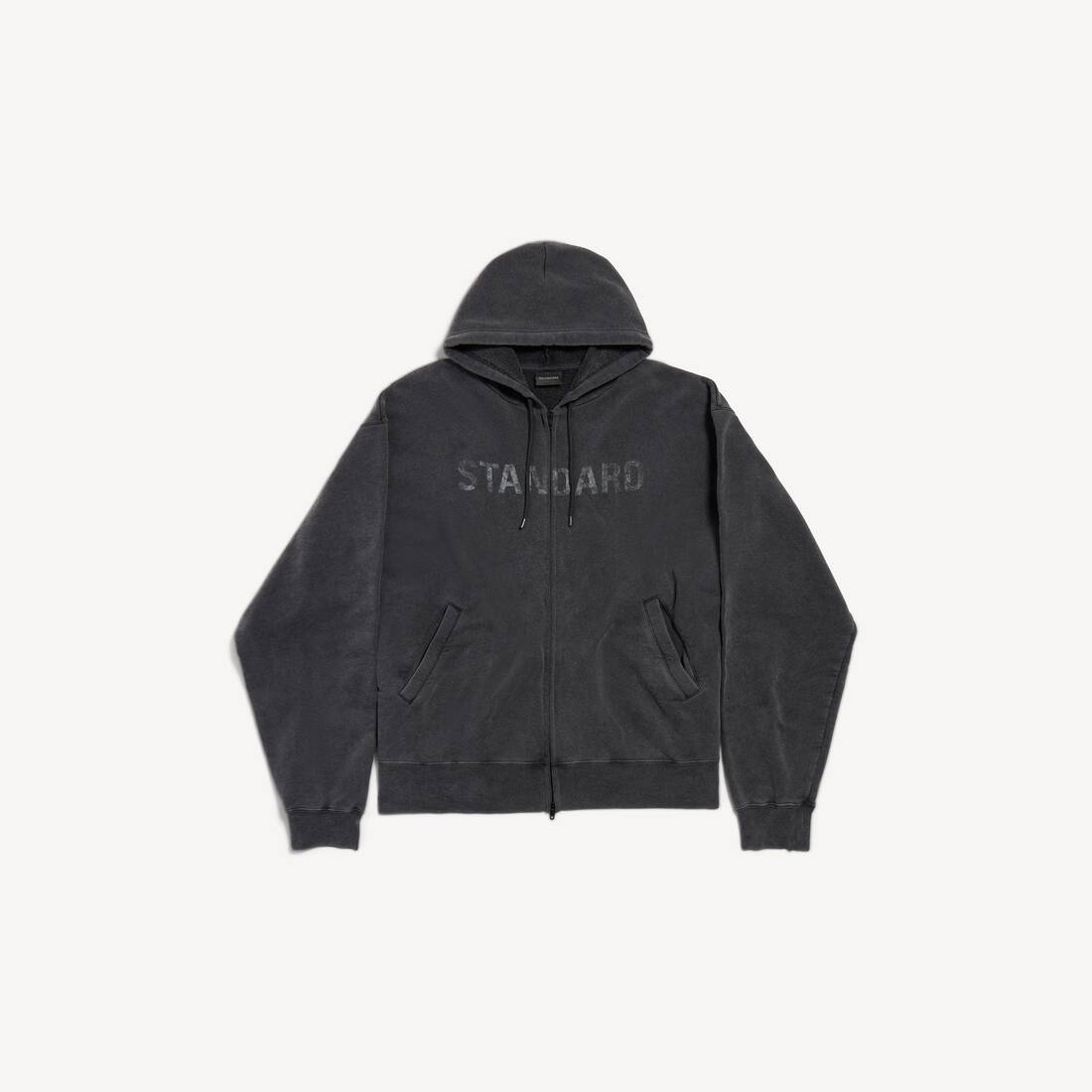 Sudadera con capucha de hombre estándar amplia con cremallera en negro desgastado