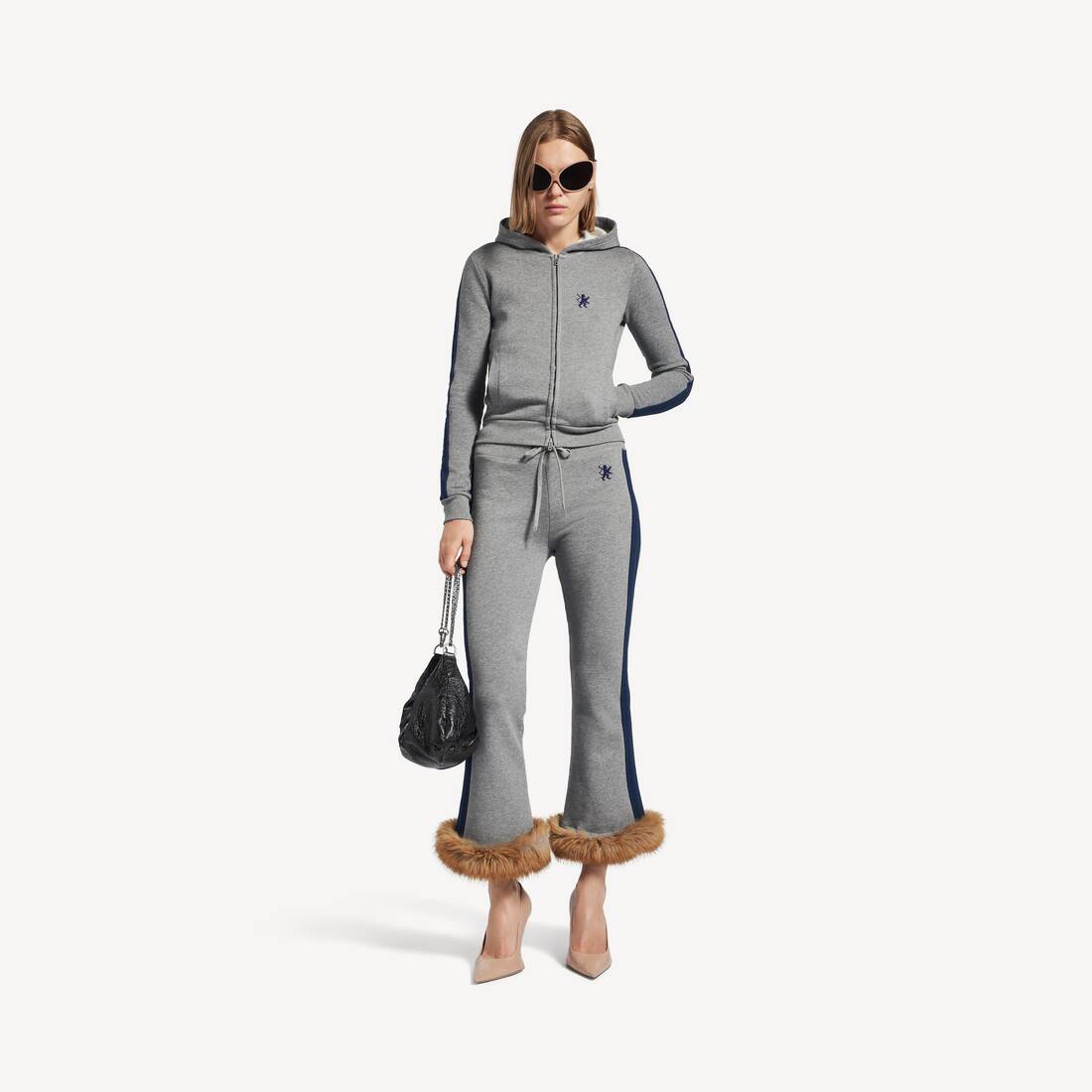 Chándal con capucha y cremallera para mujer en gris oscuro y azul marino desgastado
