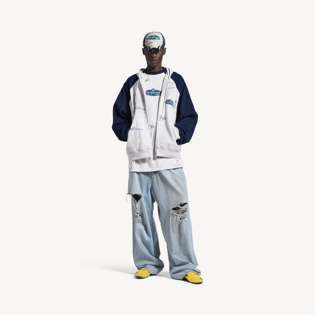 Sudadera con capucha oversize de manga raglán para hombre en blanco sucio/azul