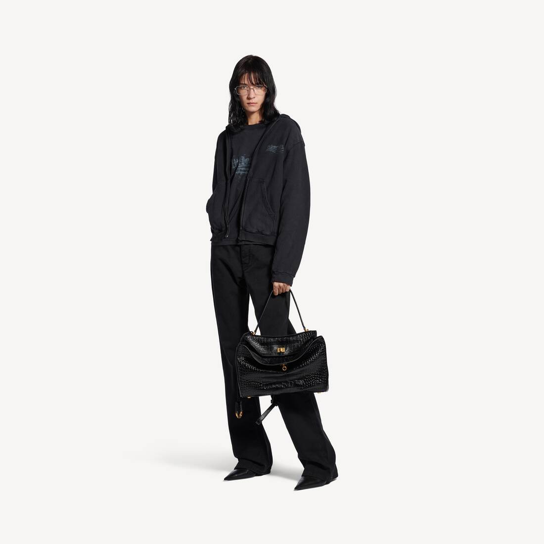 Chaqueta con capucha para mujer de estilo regular, lavada, en tono grafito desvanecido, con cremallera y diseño político