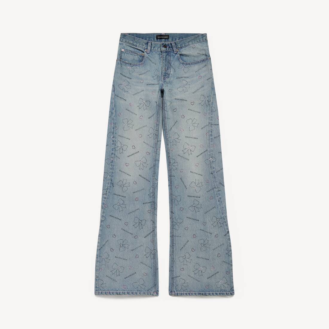 Pantalones de mezclilla con lazos dibujados a mano para mujer en azul helado