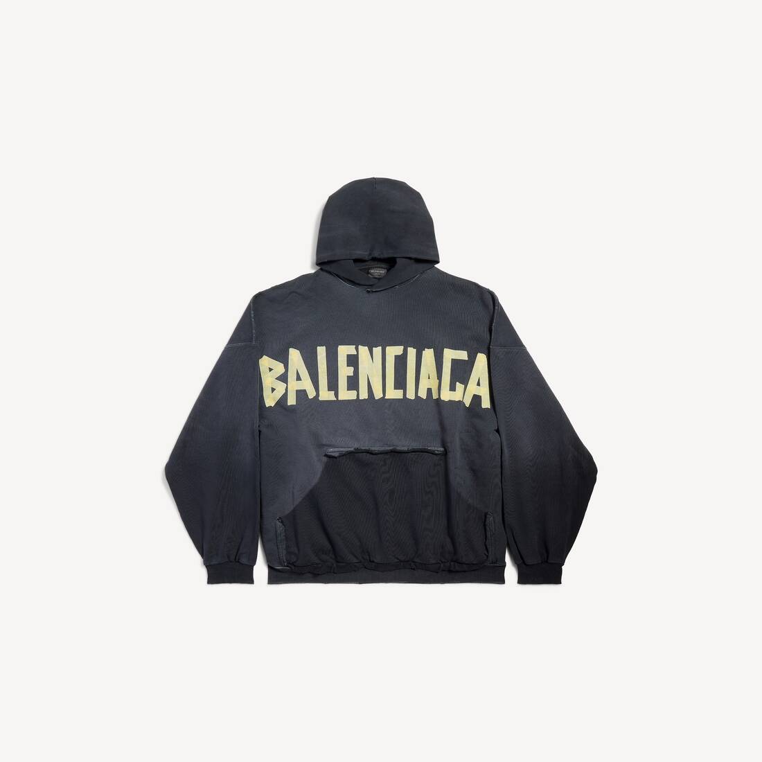 Sudadera con capucha tipo cinta con bolsillo rasgado oversize en negro desgastado